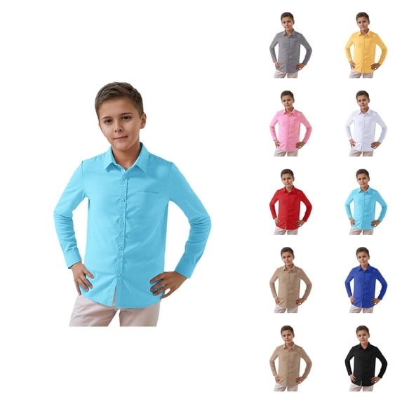 Boys Dress Shirt Spring Fall Long Sleeve Button Down Lapel Collared Basic Plain Shirt with Chest Pocket