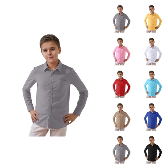 Boys Dress Shirt Spring Fall Long Sleeve Button Down Lapel Collared Basic Plain Shirt with Chest Pocket