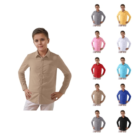 Boys Dress Shirt Spring Fall Long Sleeve Button Down Lapel Collared Basic Plain Shirt with Chest Pocket