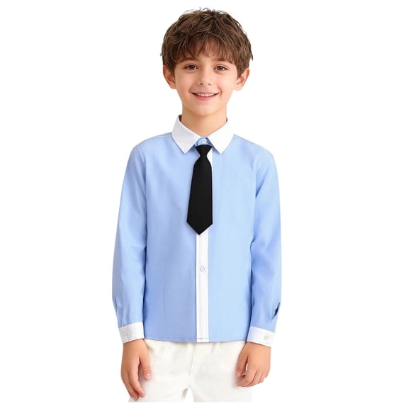 Boys Dress Shirt with Detachable Tie, Long Sleeve Button Down Shirt for Kids, 100% Cotton Easy Care, Black Formal Church School Shirt,Size 7-8 T