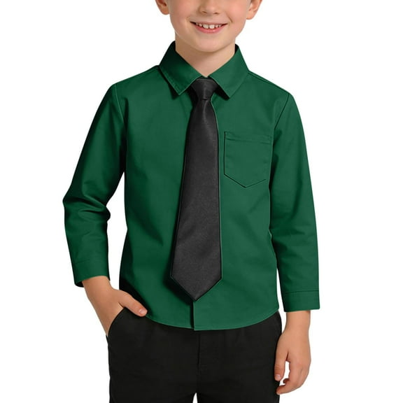 Boys Dress Shirt with Tie Long Sleeve Cotton Button Down Collared Blouse Tops Formal Party School Uniform 6M-14Y (7-8 Years, Green)