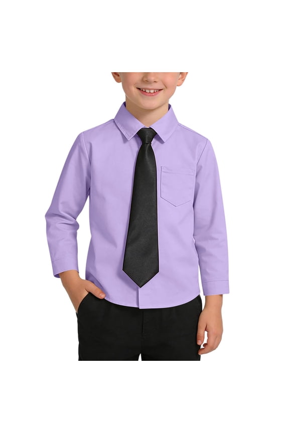 Boys Dress Shirt with Tie Long Sleeve Cotton Button Down Collared Blouse Tops Formal Party School Uniform 6M-14Y (9-10 Years, Purple)