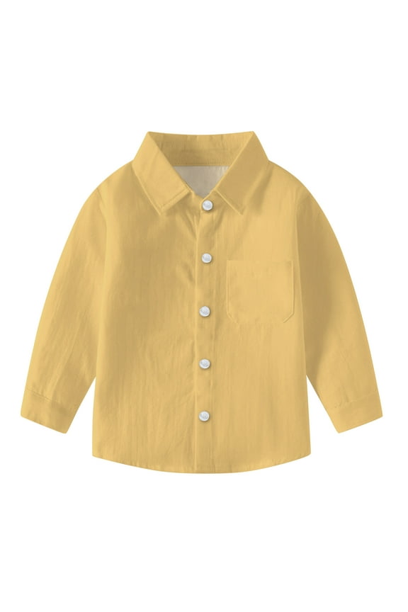 Boys Dress Shirts Long Sleeve Collared Button Up Shirt Blouse Boy Girl School Uniform Clothes for Toddler Kids, 12 Months Yellow 02