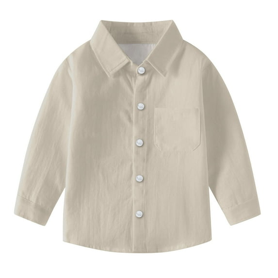 Boys Dress Shirts Long Sleeve Collared Button Up Shirt Blouse Boy Girl School Uniform Clothes for Toddler Kids, 6 Months Khaki 01