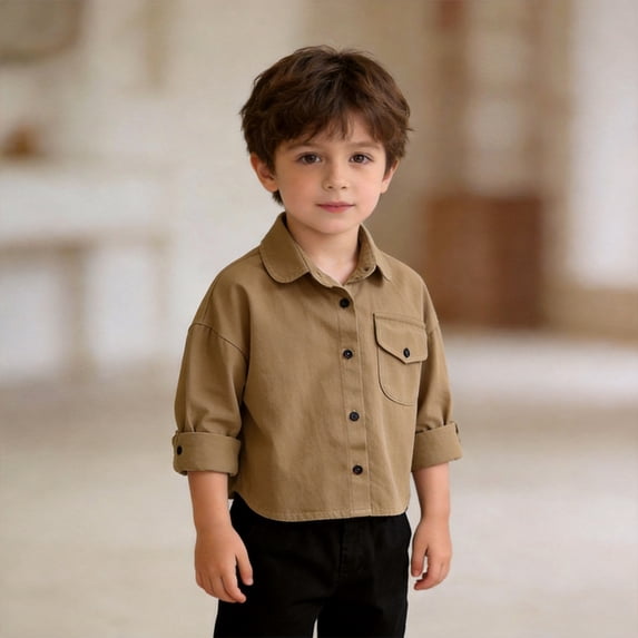 Boys Dress Shirts Long Sleeve Formal Uniform Casual Button Down Shirts Coffee Tops for 4T