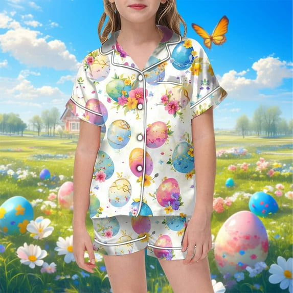 Boys Easter Pajamas Set Cute Bunny Outfit Easter Button Down Short Sleeve Pajamas Set Girls Pajamas Size 2-3 Years