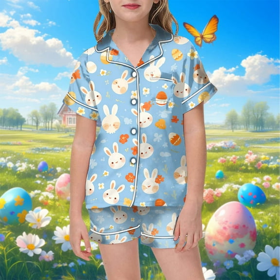 Boys Easter Pajamas Set Cute Bunny Outfit Easter Button Down Short Sleeve Pajamas Set Toddler Cute Clothes 10-11 Years