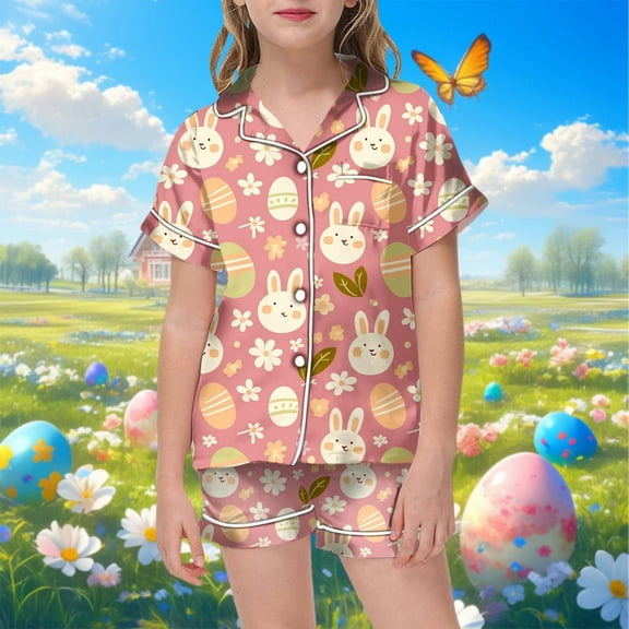Boys Easter Pajamas Set Cute Bunny Outfit Easter Button Down Short Sleeve Shirt and Shorts Set Tween Pajamas 6-7 Years