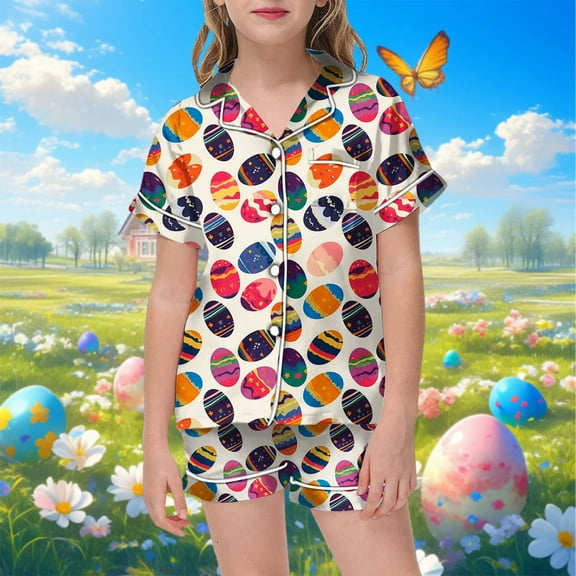 Boys Easter Pajamas Set Cute Easter Bunny Button up Short Sleeve Shirt and Shorts Pajamas Set Girls Pajamas Size 10-11 Years