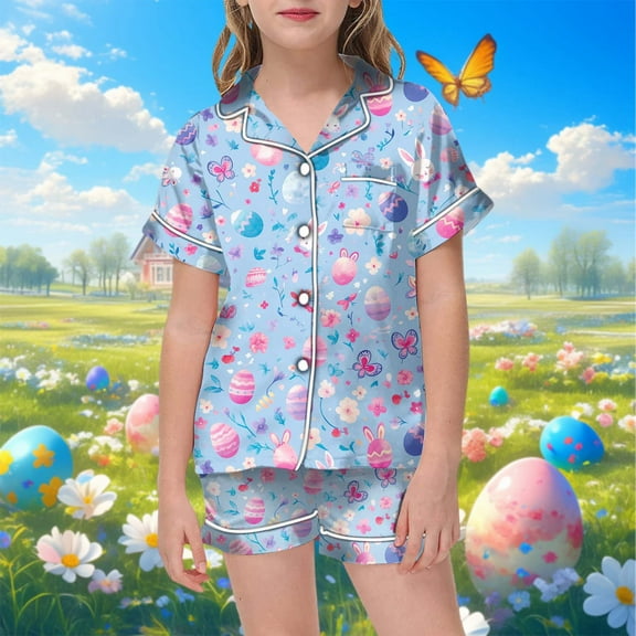 Boys Easter Pajamas Set Easter Egg Cartoon Printed Button Down Short Sleeve Pajamas Set Silk Pjs for Girls 4-5 Years