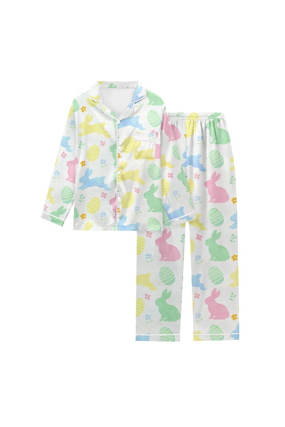 Boys Easter Pjs Silk Pjs Kids Long Sleeve Cute Print Button down Nightwear Loungewear Set 8-9 Years Pajamas Boy
