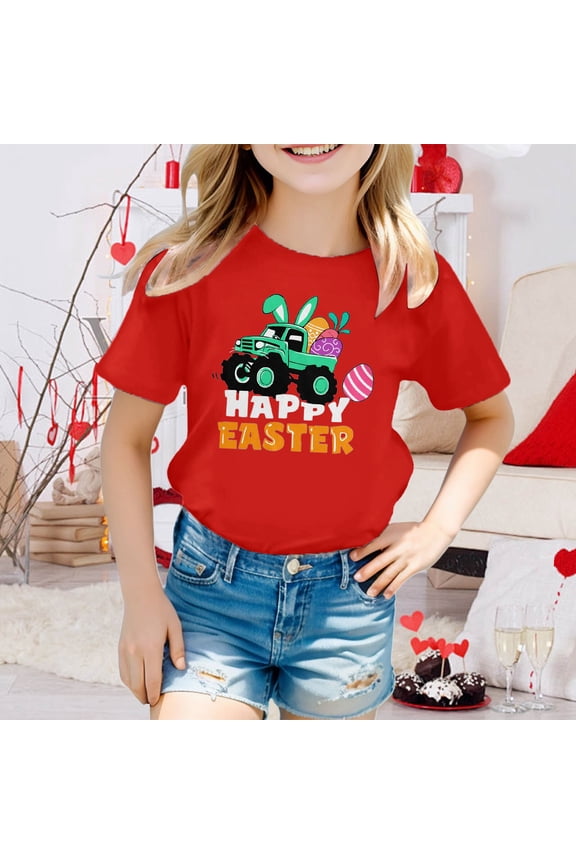 Boys Easter Shirt Round Neck Tee Tops Happy Easter Egg Tractor Print Short Sleeves T-shirt Summer Boys Fashion Red 8-9 Years