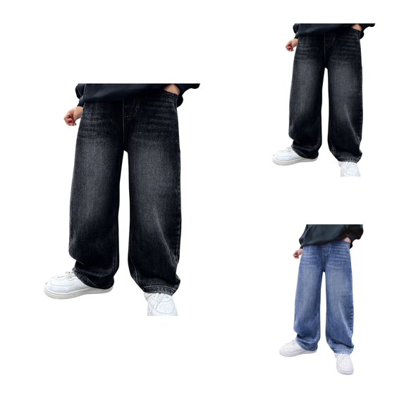 Boys' Elastic Waist Baggy Jeans – Spring/Autumn Straight Wide Leg Denim Trousers, Casual High Waisted Preppy Cargo Pants