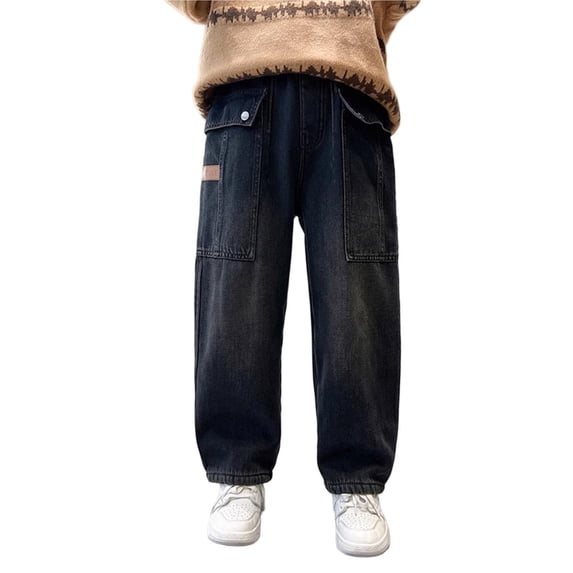 Boys Elastic Waist Cargo Jeans, Blue Relaxed Fit Wide Leg Distressed Denim Pants for Kids 5-15 Years,Size 9-10 T