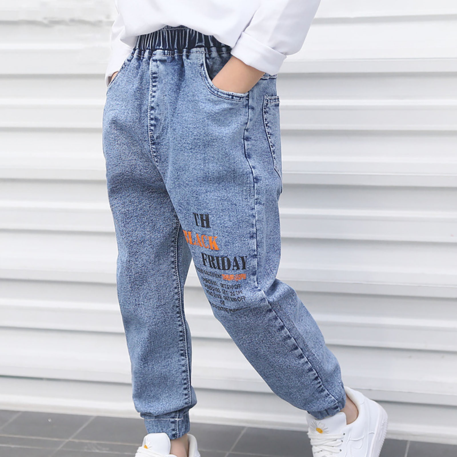 Boys Elastic Waist Jeans Kids Fashion Loose Fit Straight Leg Denim