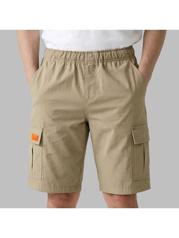 Boys Elastic Waist School Uniform Shorts, Solid Casual Bottoms with Single Back Pocket, Preppy Campus Wear Back to School Clothes (Khaki,13-14 Years)