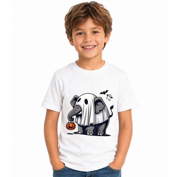 Boys Elephant Ghost Halloween T-Shirt, Spooky Graphic Short Sleeve Shirt for Fall and Seasonal Wear