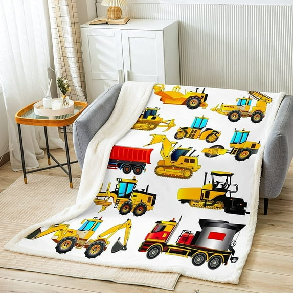 Boys Excavator Car Fleece Blanket for Sofa Couch Cartoon Construction Truck Sherpa Throw Blanket Son Machinery Vehicles Print Plush Blanket Yellow Colorful Fuzzy Blanket 40"x50"