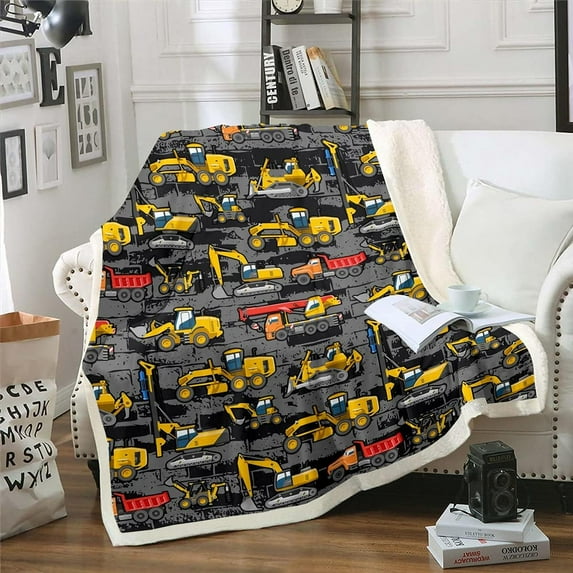 Boys Excavator Sherpa Blanket,Tractor Truck Throw Blanket for Kids Teens,Cartoon Construction Vehicle Plush Bed Blanket Under Construction Fleece Flanket Bedroom Decor Yellow Grey 40"X50"
