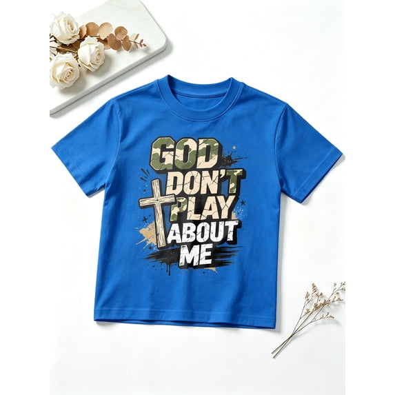 Boys Faith Cross Graphic Tees, Camo Letter Short Sleeve Kids T-Shirt, 100% Cotton Soft Casual Tops for Children