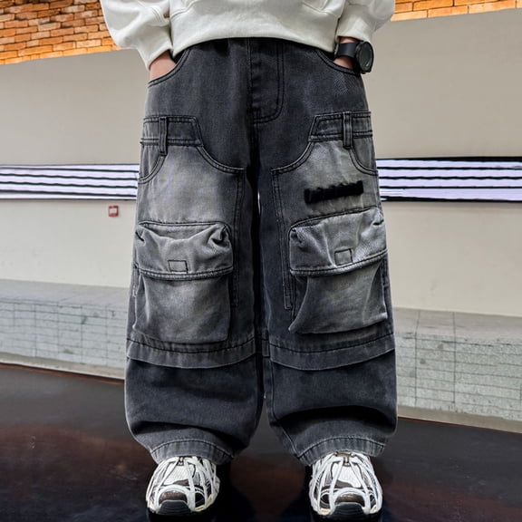 Boys Fashion Elastic Waist Wide Leg Wide Leg High Waist Denim Pants Baggy Denim Boys Pants Size 6-7 Years