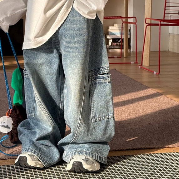 Boys'Fashion Jeans Stretch Elastic Waist Wide Leg Jeans Baggy Denim for kids Girls Boys School Uniform Pants 6-7 Years