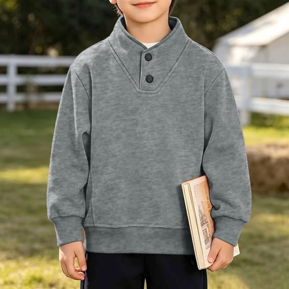 Boys Fashion Pullover Sweatshirt Solid Long Sleeves Stand-collar Sport Outwear for Home School Outside Fall Winter Warm Comfy Tops Gray 9-10 Years