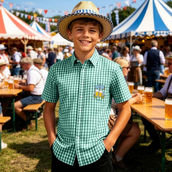 Boys Festival Plaid Short Sleeve Shirt With Printed For Kids Casual Button Up Top For Boys Lightweight Everyday Wear