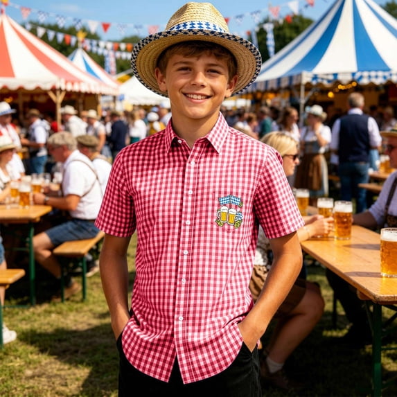 Boys Festival Plaid Short Sleeve Shirt With Printed For Kids Casual Button Up Top For Boys Lightweight Everyday Wear