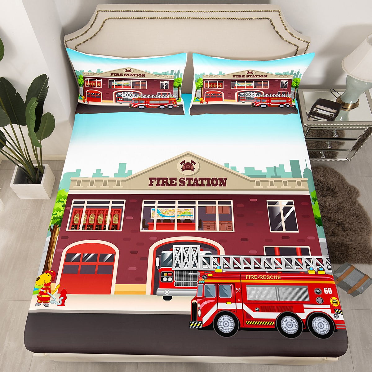 Boys Fire Truck Bed Set Red Fire Fighting Car Bed Sheets, Fire Engine