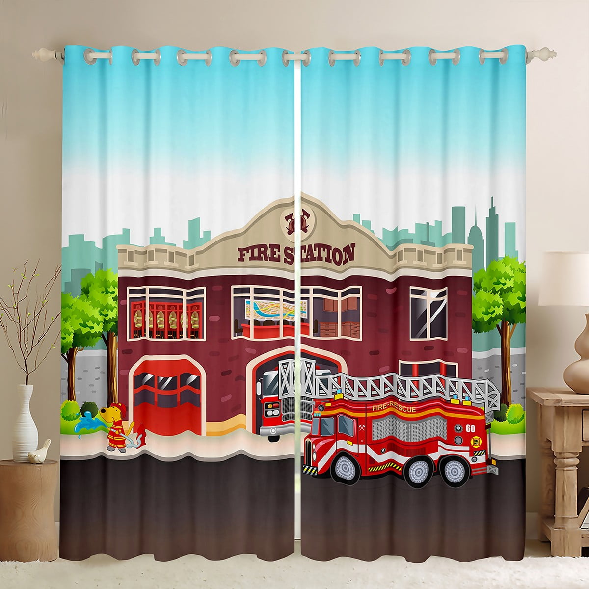 Boys Fire Truck Curtains & Drapes Red Fire Fighting Car Blackout