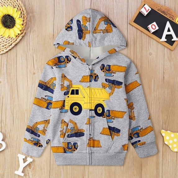 Boys Fire Truck Hoodie Full Zip Sweatshirt Long Sleeve Front Pockets Ribbed Vehicle Print Hooded Jacket