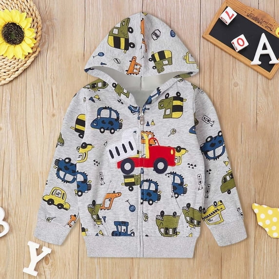 Boys Fire Truck Hoodie Full Zip Sweatshirt Long Sleeve Front Pockets Ribbed Vehicle Print Hooded Jacket