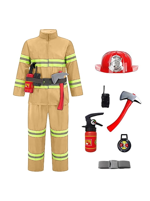 Boys Firefighter Outfit Long Sleeve Jumpsuit with and Toy Tools Role Play Set for Kids 3-12 Years
