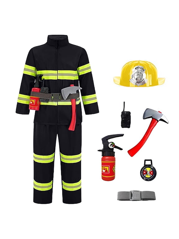 Boys Firefighter Outfit Long Sleeve Jumpsuit with and Toy Tools Role Play Set for Kids 3-12 Years