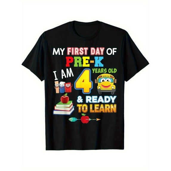 Boys' First Day of Pre-K Shirt - "I'm 4 Years Old & Ready to Learn" Graphic Tee, Soft Breathable Fabric, Black Short Sleeve Round Neck, Playful School Bus & Pencil Design for Summer
