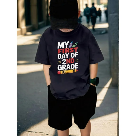 Boys' "First Day of Second Grade" Printed Black T-shirt, A Must for Returning To School
