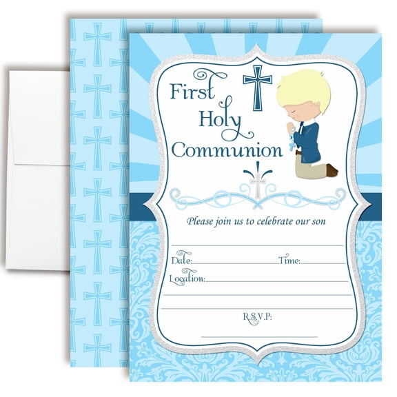 Boys First Holy Communion Invitations in Blue (Light Skin Blonde Hair) 20 Fill In the Blank 5x7 Cards with Envelopes by Amanda Creation
