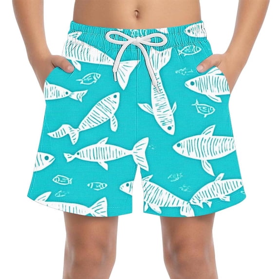 Boys Fish Print Quick Dry Swim Trunks - Polyester Spandex Swim Shorts with Pockets & Adjustable Drawstring, Multicolor, for Kids Ages 4-15,Size 8-9T