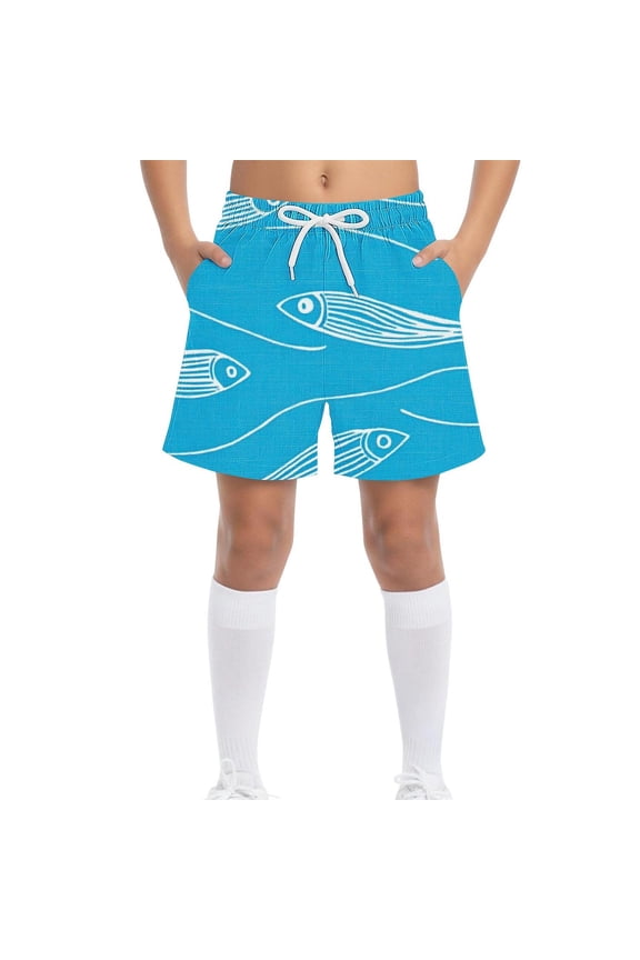 Boys' Fish Print Shorts with Pockets, Kids' Elastic Waist Athletic Shorts for Play & Outdoor Activities, Multicolor,Size 10-11T