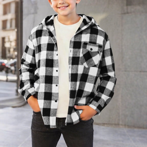 Boys Flannel Hoodie Shirts Kids Casual Button Plaid Jackets Long Sleeve Trendy Hooded Fall Shirts with Pocket Black 12-13Y