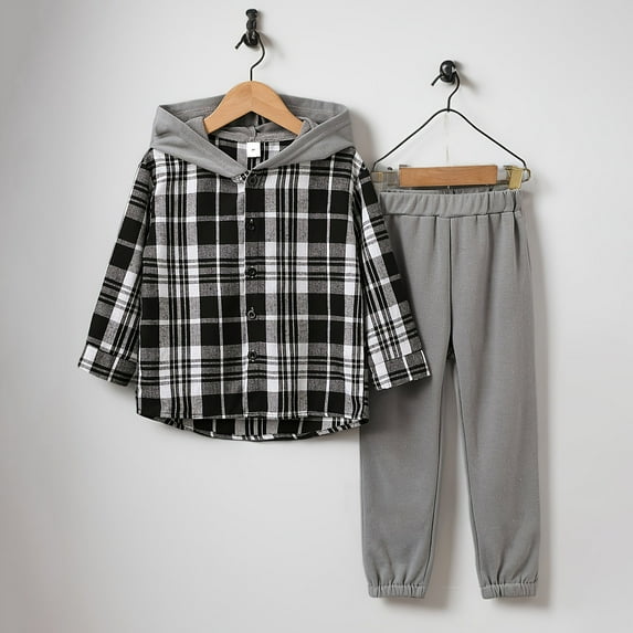 Boys Flannel Shirts Short Sleeve Boys Clothes 2Pcs Long Sleeve Flannel Plaid Shirt Tops Pants Sets Fall Winter Boys' Clothing Sets 7-12 Years