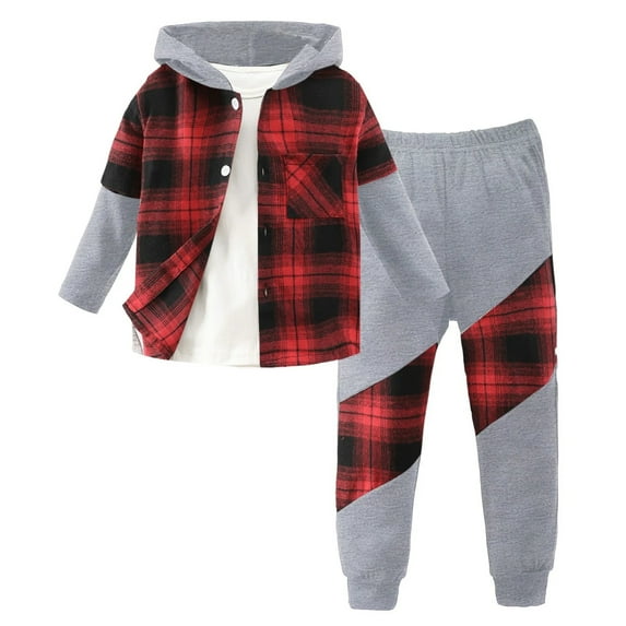 Boys Flannel Shirts Short Sleeve Boys Clothes 2Pcs Plaid Shirt and Pocket Sweatpants Outfits for Fall Winter Boy Clothes Sets 6-14 Years