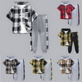 thumbnail image 1 of Boys Flannel Shirts Size 6-10 Kids Toddler Boy Clothes Plaid Hooded Shirt White Top and Solid Color Pants 2Pcs Winter Boys Outfits, 1 of 9