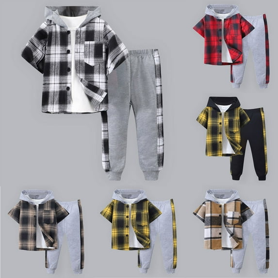 Boys Flannel Shirts Size 6-10 Kids Toddler Boy Clothes Plaid Hooded Shirt White Top and Solid Color Pants 2Pcs Winter Boys Outfits