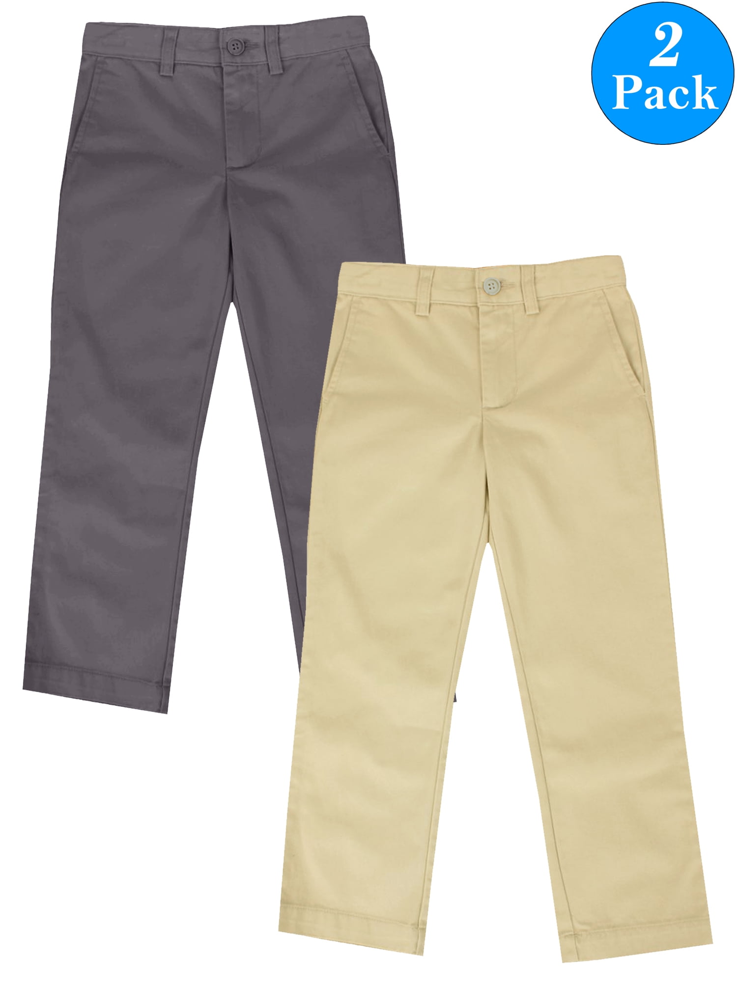 GBH Boys Flat Front School Uniform Pants, Elastic Waist, 2-Pack