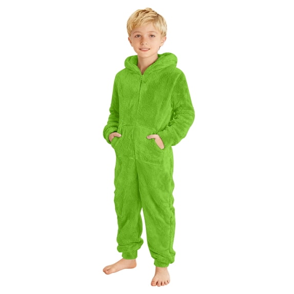 Boys Fleece Hooded Onesie Kids Zip Up Long Sleeve Jumpsuit with Pockets Fall Winter Lounge Relaxed Fit Rompers
