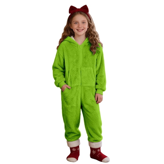 Boys Fleece Hooded Onesie Pajamas Kids Long Sleeve Zip-Front One Piece Fuzzy Sleepwear Jumpsuit with Pockets Winter Warm Loungwear