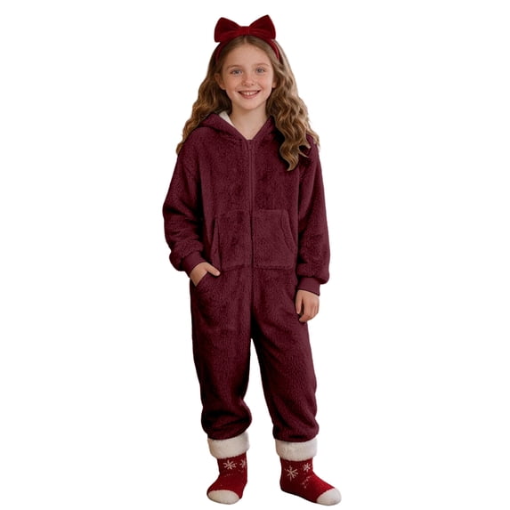 Boys Hooded Onesie Pajamas Kids Long Sleeve Zip-Front One Piece Fuzzy Sleepwear Jumpsuit with Pockets Winter Warm Loungwear