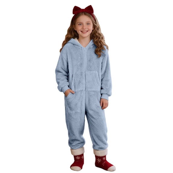 Boys Hooded Onesie Pajamas Kids Long Sleeve Zip-Front One Piece Fuzzy Sleepwear Jumpsuit with Pockets Winter Warm Loungwear